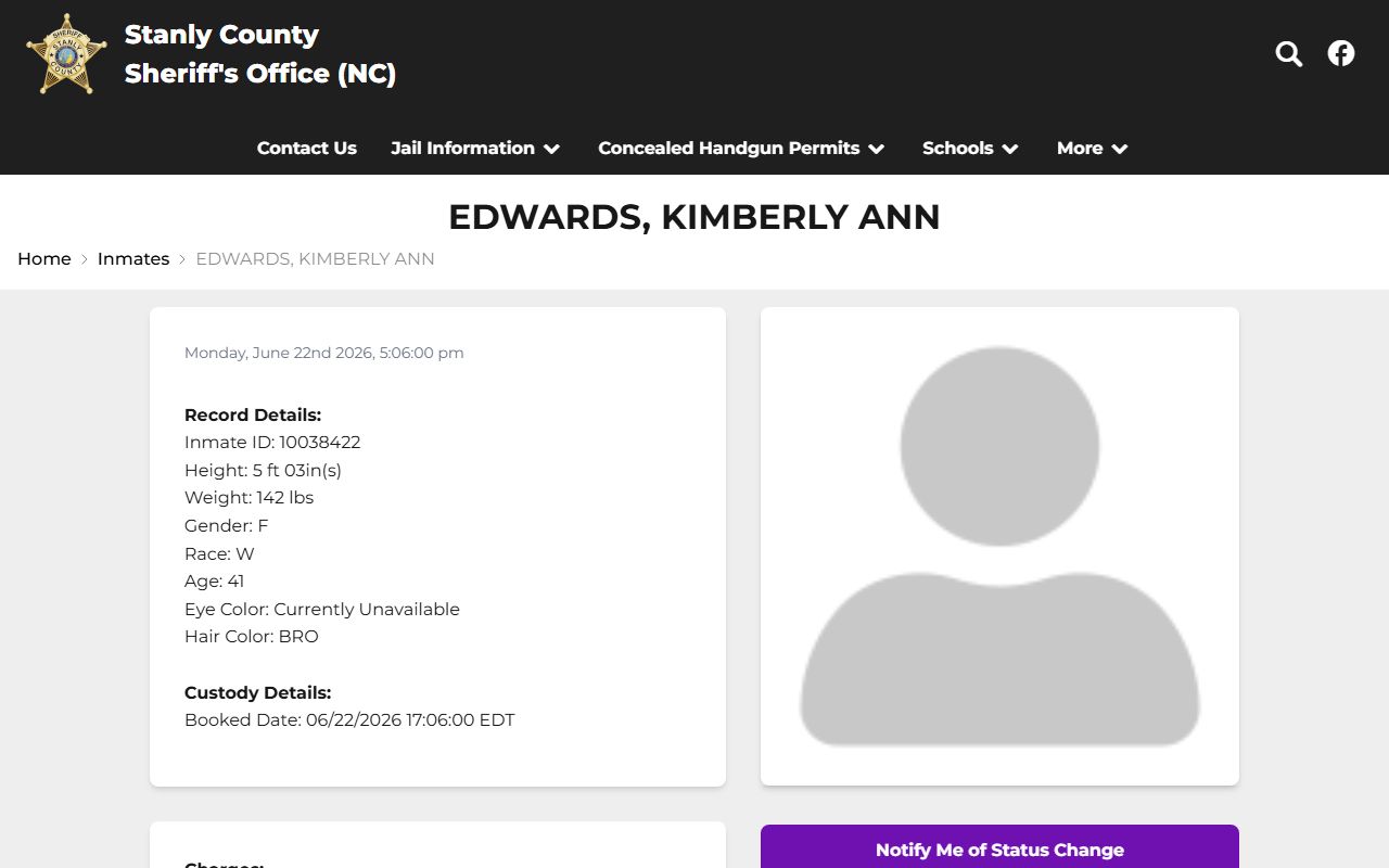 Stanly County inmate profile record fields and charges