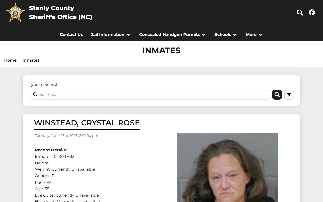 Stanly County inmate roster search interface
